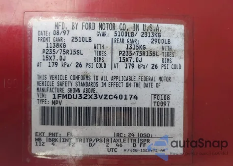 1997 Ford Explorer Eddie Bauer/Limited/Xl/Xlt z USA, uszkodzony, nr VIN 1FMDU32X3VZC40174